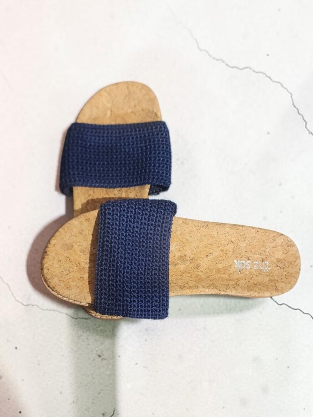 The Sak Mendocino Crochet Cork Slide Sandals Navy Blue NWT Size 6
